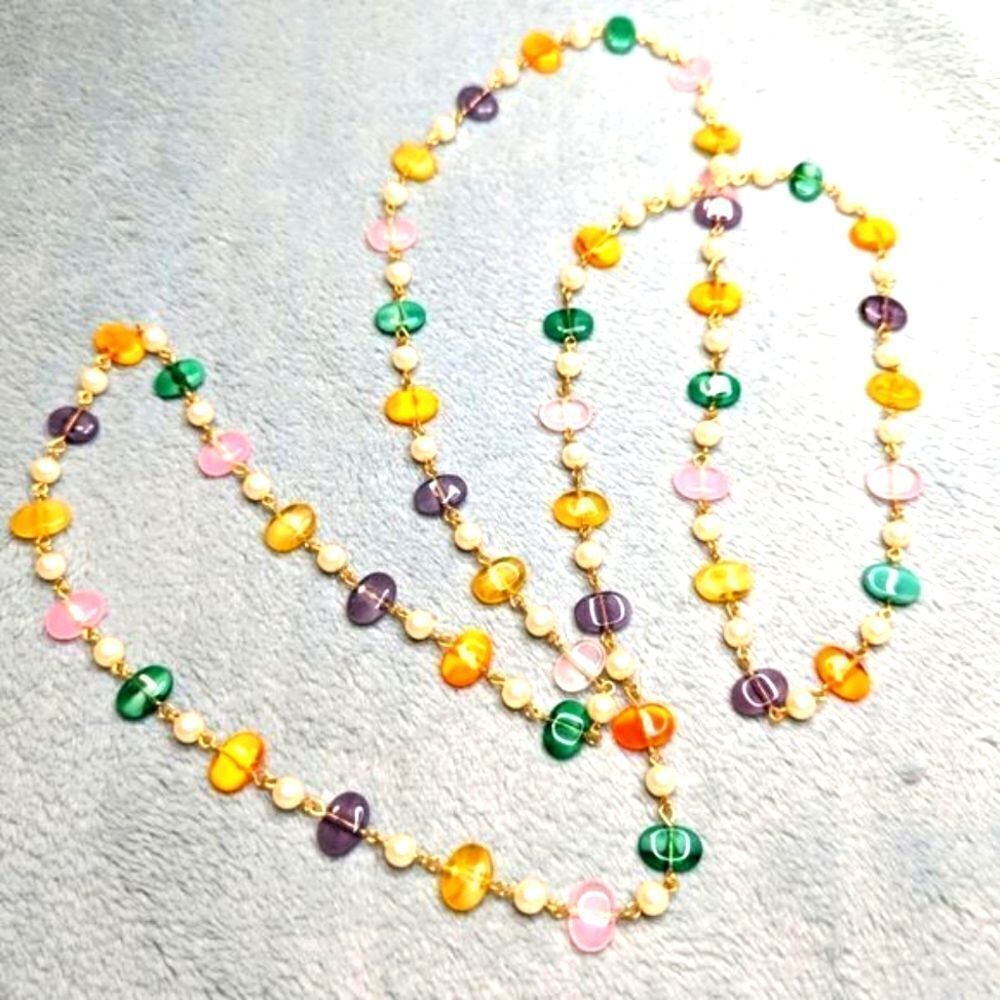 Vintage Natural Stone/Quartz Necklace w/ Faux Pearl Accents - 48" Long - Picture 4 of 8